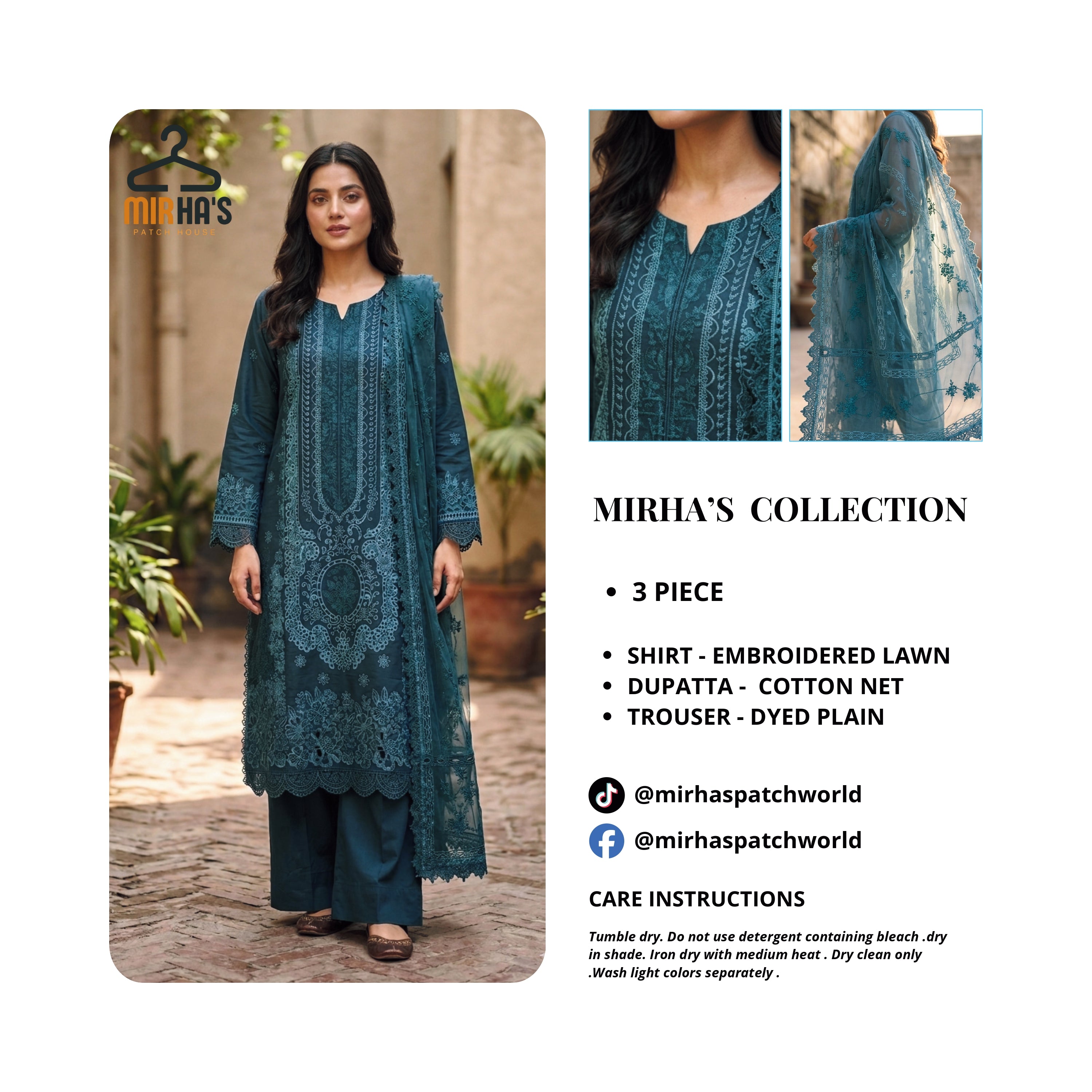 Mirha's Collection By Nida | 3-Piece Embroidered Lawn Suit with Cotton Net Dupatta