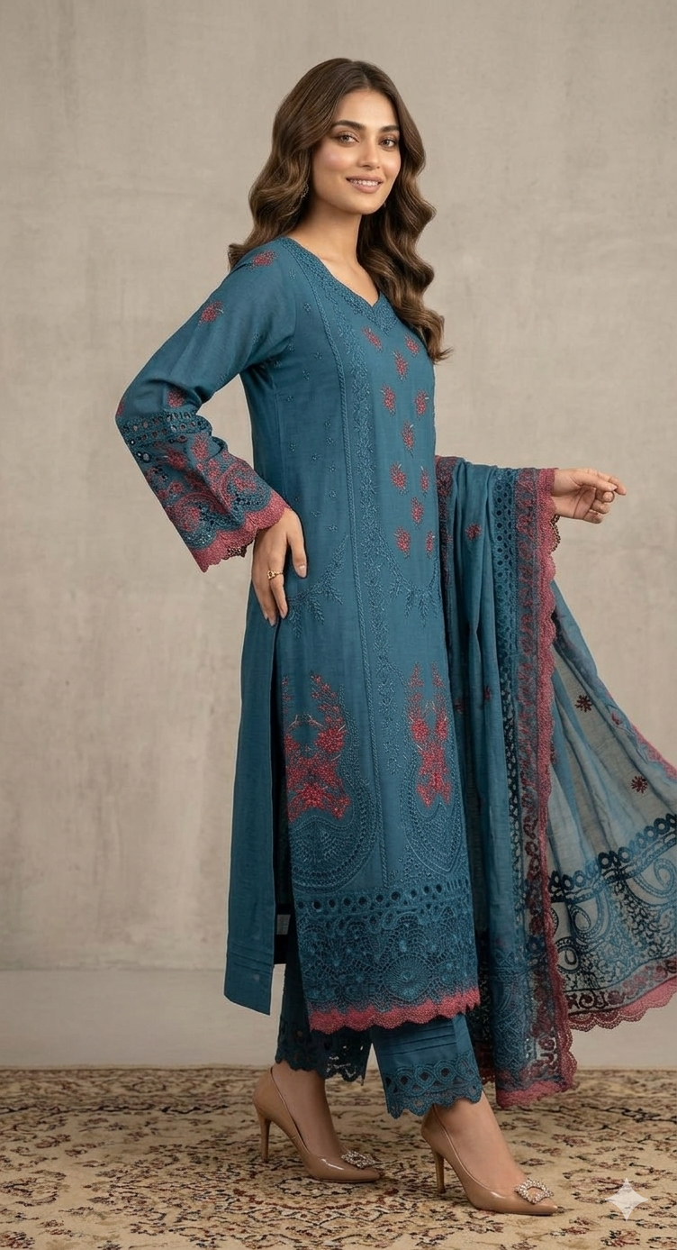 Mirha’s Collection by Nida – Ethereal Teal Embroidered 3-Piece Suite