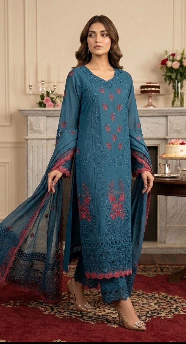 Mirha’s Collection by Nida – Ethereal Teal Embroidered 3-Piece Suite