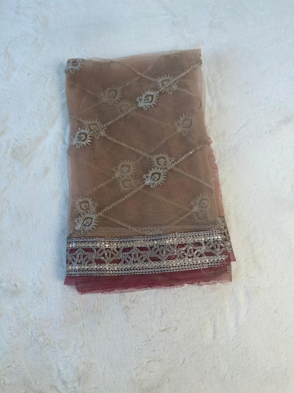 Original Imrozia Ready to Wear: Luxury Embroidered Net Dupatta with Scalloped Border