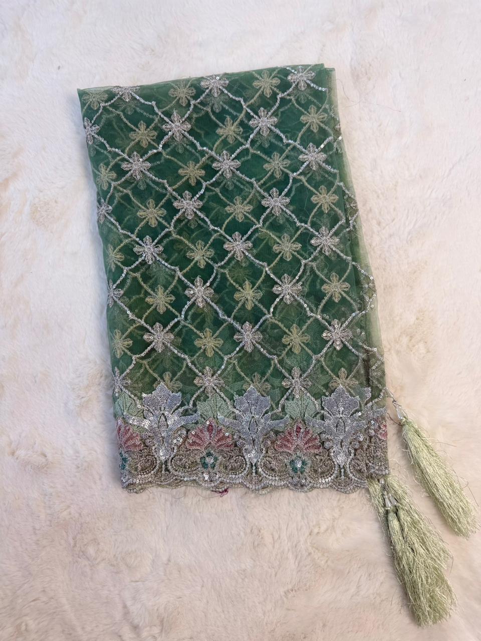 Original Imrozia Ready to Wear: Luxury Embroidered Net Dupatta with Scalloped Border