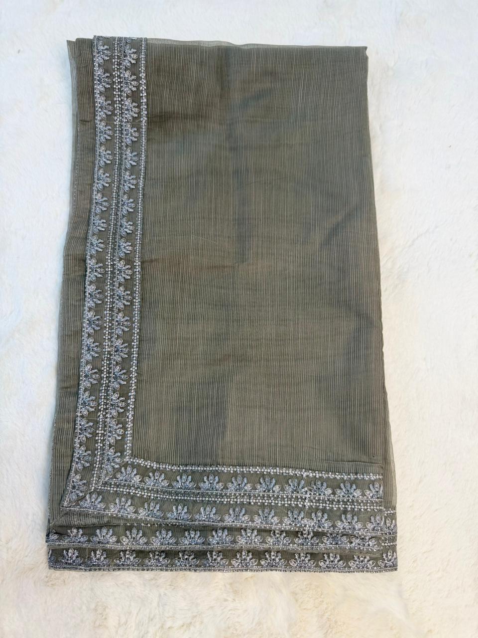 Original Imrozia Ready to Wear: Luxury Embroidered Net Dupatta with Scalloped Border