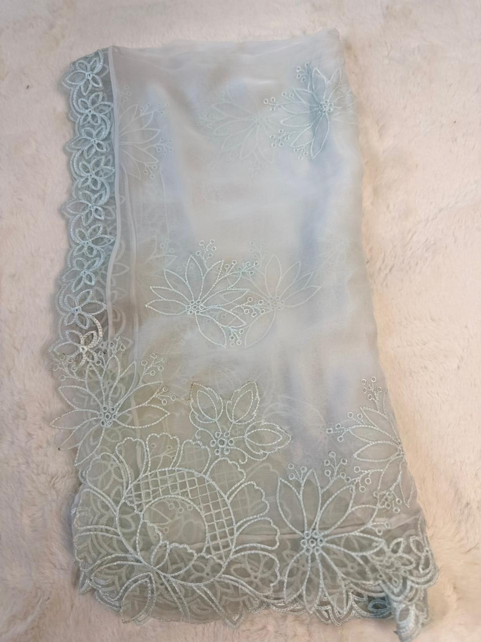 Original Imrozia Ready to Wear: Luxury Embroidered Net Dupatta with Scalloped Border