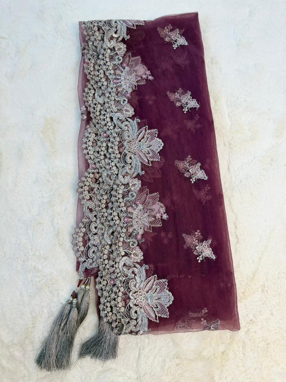 Original Imrozia Ready to Wear: Luxury Embroidered Net Dupatta with Scalloped Border