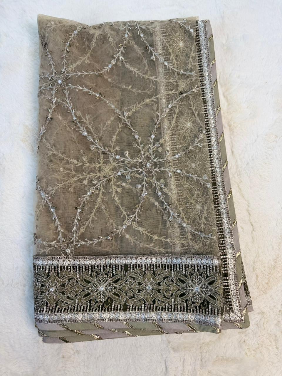 Original Imrozia Ready to Wear: Luxury Embroidered Net Dupatta with Scalloped Border