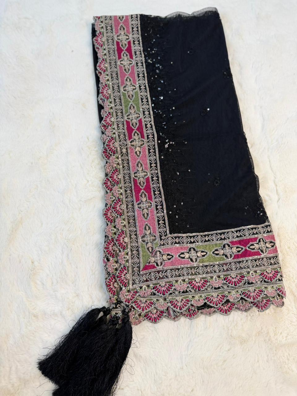Original Imrozia Ready to Wear: Luxury Embroidered Net Dupatta with Scalloped Border
