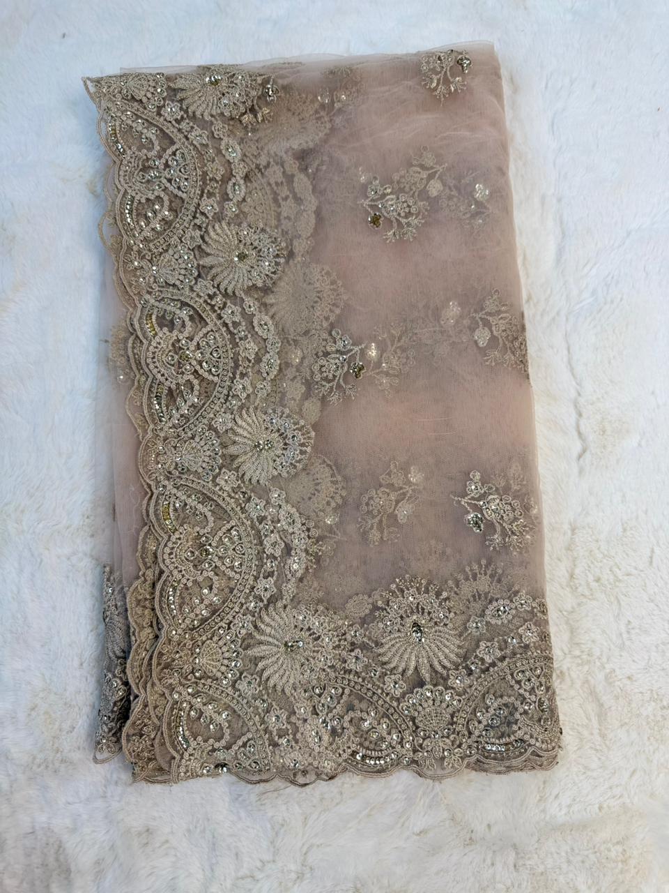 Original Imrozia Ready to Wear: Luxury Embroidered Net Dupatta with Scalloped Border