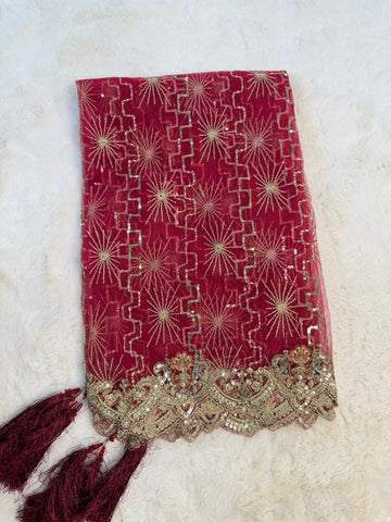 Original Imrozia Ready to Wear: Luxury Embroidered Net Dupatta with Scalloped Border