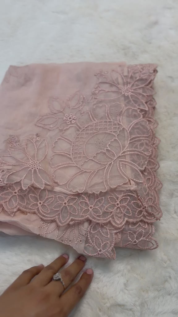 Original Imrozia Ready to Wear: Luxury Embroidered Net Dupatta with Scalloped Border
