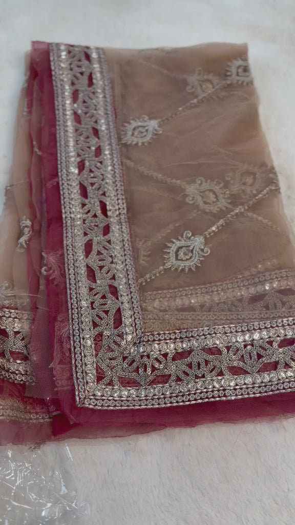Original Imrozia Ready to Wear: Luxury Embroidered Net Dupatta with Scalloped Border