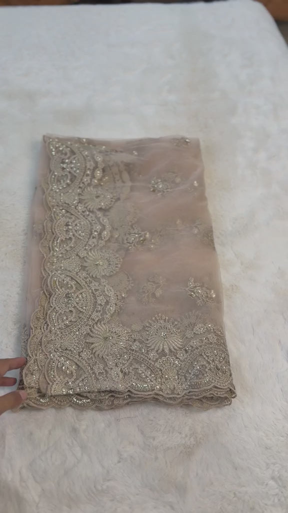 Original Imrozia Ready to Wear: Luxury Embroidered Net Dupatta with Scalloped Border