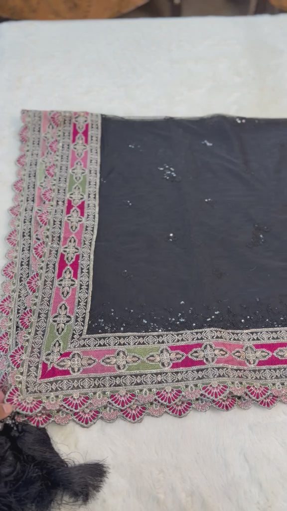 Original Imrozia Ready to Wear: Luxury Embroidered Net Dupatta with Scalloped Border