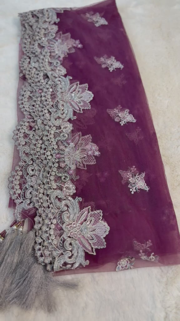 Original Imrozia Ready to Wear: Luxury Embroidered Net Dupatta with Scalloped Border