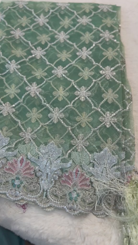 Original Imrozia Ready to Wear: Luxury Embroidered Net Dupatta with Scalloped Border