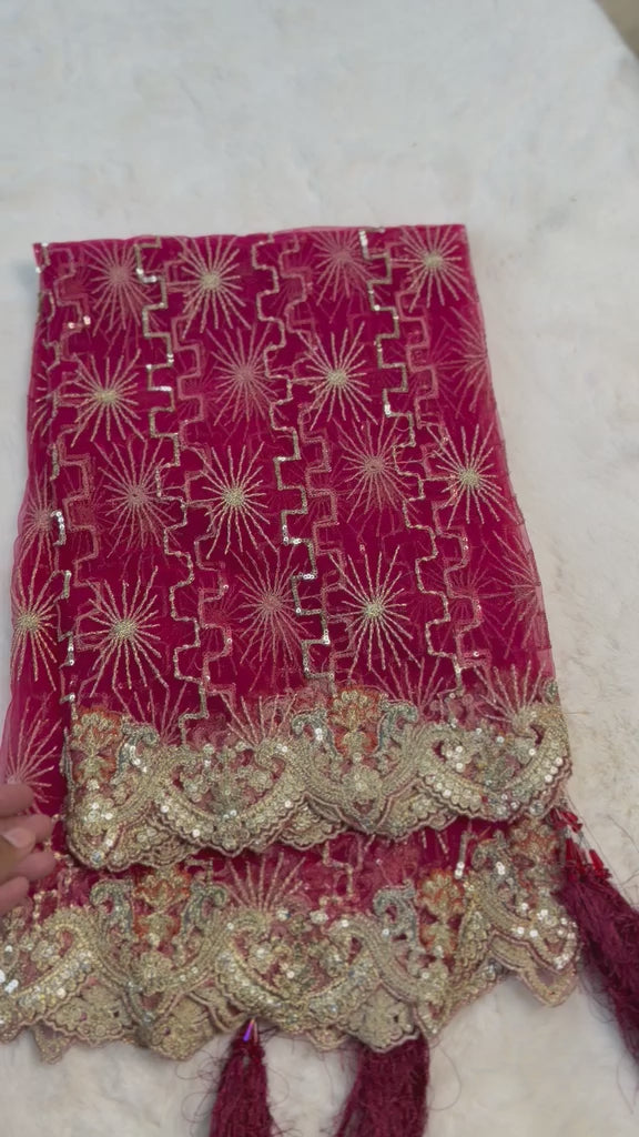 Original Imrozia Ready to Wear: Luxury Embroidered Net Dupatta with Scalloped Border